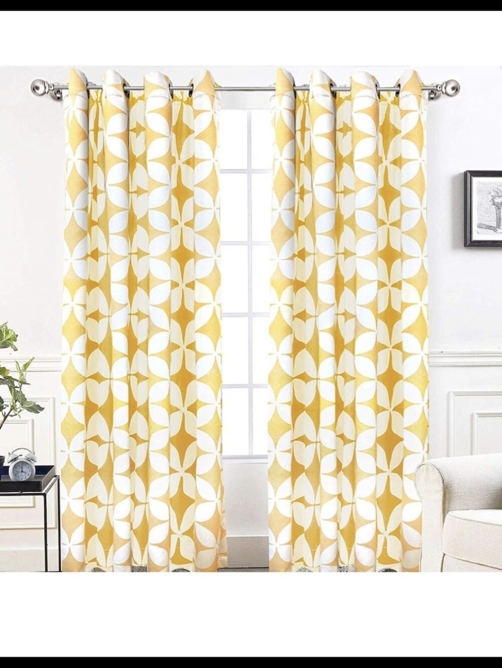 Yellow and Cream Geometric Grommet Curtain Panels -